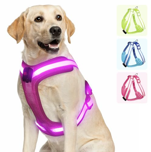 PZRLit Light Up Dog Harness - LED Dog Harness Rechargeable, No Choke Illuminated Glow Dark Harness Vest Waterproof for Medium Large XL Dogs for Camping Night Safety Walking-Pink, X Large