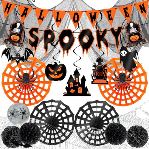 YBwanli Halloween Decoration Set: Indoor Creepy Party Decor - Wall Banner, Hanging, Black Cloth, Spider Paper Fan, Spooky Banner, Spider Silk
