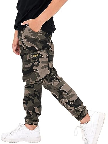 Rolanko Hose Für Jungen Joggerhose Camouflage Baumwolle Mit Elastischem Bund Für Kinder Slim Fit, Tarnfarbe Grau Größe: 140/8-9 Jahre