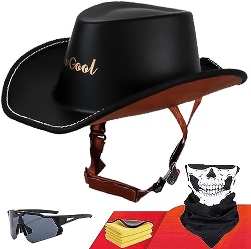 Motorrad-Halbhelm Für Erwachsene, Persönlichkeit, Vintage-Halbhelm (Handtuch + Sonnenbrille + Maske), Offener Motorradhelm, DOT-Zugelassener Retro-Western-Cowboyhut-Helm