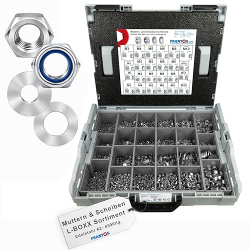 FRANTOS L-BOXX Muttern und Unterlegscheiben Set - 6.590 tlg. Edelstahl A2 I Selbstsichernde Muttern, Sechskantmuttern, Beilagscheiben M3-M10