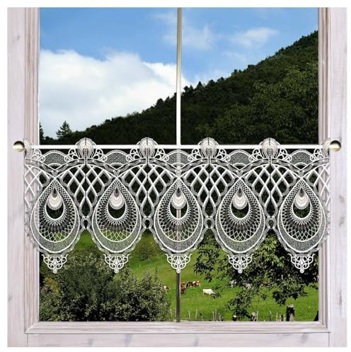 Spitzen-Scheibenhänger Hilda Plauener Spitze Moderne Spitzengardine mit Ornament-Muster in weiß-grau 35 x 64 cm