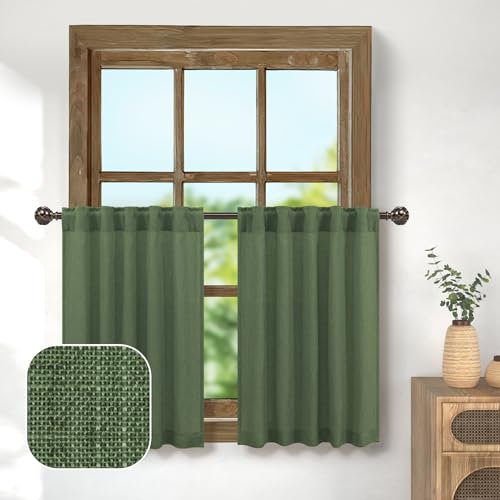 Pitalk Cortinas traslúcidas de color verde oliva para cocina, mezcla de lino, ancho 36 x 36 pulgadas de largo