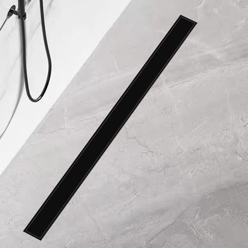 Duschrinne 70 cm, Edelstahl Ablaufrinne Komplettset Schwarzes Glas Extra flache Duschrinne mit Haarsieb und Geruchsstop