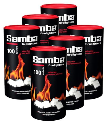 600 Samba Firestarters Firelighters Sachets - Odourless Burning & Easy to Light - For BBQs Barbecues Wood Burner Wood-Fired Ovens Stoves Fireplaces & Campfires - 6 Tubes