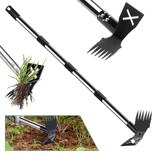 Sarchiatore Manuale con Manico,Estirpatore Erbacce,Manico Lungo Regolabile,Zappa a Due Teste per la Cura e il Diserbo del Giardino,Attrezzi da Giardino Multifunzionali per allentare,diserbo