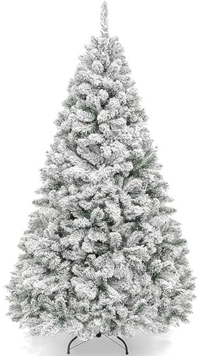 Asinse 5FT Snow Flocked Christmas Tree - Premium Artificial Spruce Christmas Tree with White Heavy Snow Flocking Lightweight and Easy to Assemble with Metal Stand 650 Tips