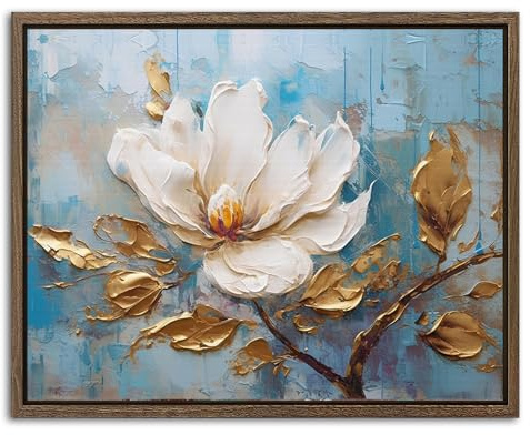 Abstract White Flower Canvas Wall Art for Living Room Gold Leaves Blue White Floral Canvas Prints Picture Vintage Peony Flowers Paintings Minimalist Framed Artwork for Bathroom Home Decoration 20x25cm