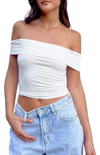 EMOTTOS Women's One-Shoulder Ruched Tops, Elegant Plunging Sleeve Pleated Crop Top, Summer Sexy Off-Shoulder Ruched Waist Shirt, Fashion Skinny Y2K Tee Shirts(White,S-L)