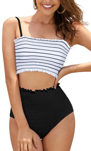 SHEKINI Women's Bandeau Bikini Set High Waisted Swimsuit Tummy Control | Strapless, Padded, Two Pieces, Bathing Suits