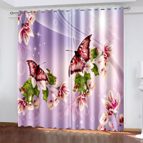 Schmetterling Blickdichte Vorhänge mit Ösen Gardinen 2er Set, Verdunkelungsvorhang Thermovorhang Hitzeschutz, Blume Tier Ösenvorhang für Schlafzimmer Wohnzimmer Kinderzimmer 220 x 215 CM (B x H)