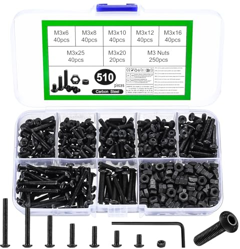 510 Pcs Black Hex Socket Button Head Cap Screws and Nuts M3 Set