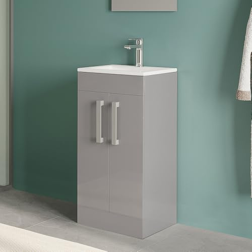 Mobiletto Bagno Da Terra Salvaspazio Da 40 Cm In Legno MDF Grigio Lucido Linea Poket Con 2 Ante Dalla Chiusura Soft-Close E Ripiano Interno, Completo Di Lavabo