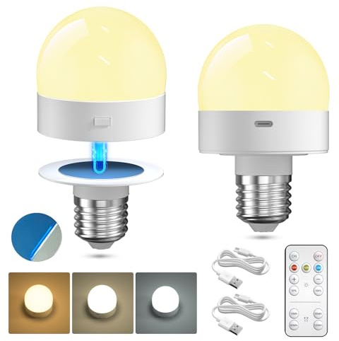 Lamptobe Bombilla Recargable USB con Mando, 3 Temperaturas de Color Regulable Bombilla LED E27, Lamparas Sin Cables, Base Desmontable, con Imán, Temporizador para Luz Nocturna, Campament, 2 Unidades