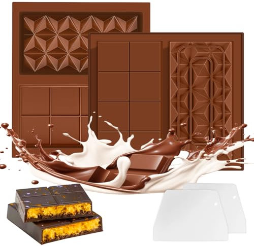 2 Pezzi Stampo per Cioccolato in Silicone, Dubai Stampo Cioccolato Tavoletta Profondo con Raschietto, Stampi per Cioccolatini 2 in 1, per Caramelle, Cioccolatini fai da te, Barrette Energetiche