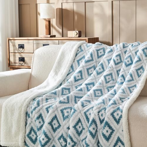 Wajade Böhmische Kuscheldecke Rhombus Flauschige Fleecedecke Winter Warme Plüschdecke Luxuriöse Kunstfelldecke Weiche Decke für Bett Couch - Blau 153 * 203