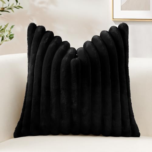 Sungeek Set of 1 Black Faux Rabbit Fur Cushion Cover 45x45 cm, Soft Cozy Plush Striped Decorative Throw Pillow Covers 18x18 Inch Velvet Square Pillowcases for Sofa Bedroom