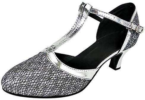 Zapatos De Baile Latino Tango Mujer Bride Tobillo Hebilla Lentejuelas Cómodas Y Antideslizantes Baile Salón De Zapatos Talones Medianos, plata, 34 EU