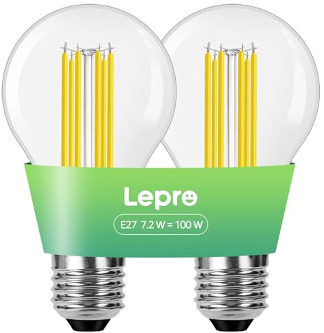 Lepro E27 Screw Bulb, A-Rated Ultra-efficient LED Bulb, 7.2W = 100W, 1521lm, 2700K Warm White, 50000H Lifespan, Clear Filament, Vintage Glass, Non-dimmable, Pack of 2