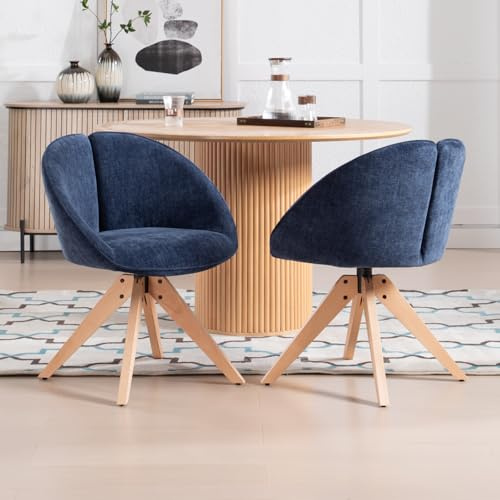 chairus Lot de 2 Chaise Pivotante Salle à Manger en Chenille, Chaises de Cuisine avec Pieds en Bois, Fauteuil Pivotante à 360°pour Salon, Bleu