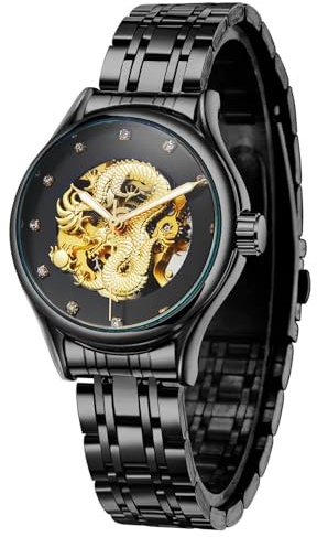 FORSINING Lady Watches Dragon Craft Automatikuhr Damen Edelstahl Skelett Wasserdicht Armbanduhr, Schwarz , Armband