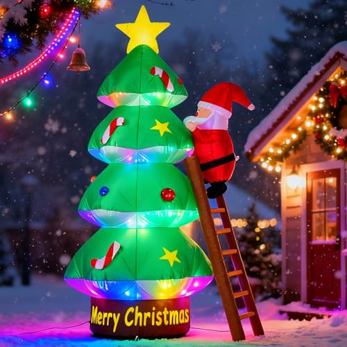 Árbol de Navidad Inflable, 210CM Árbol Inflables de Navideños Decoración con Papá Noel y Escalera, Arbol de Navidad Hinchable Luces LED Integradas para Jardín, Césped, Patio, Decoración Navideña