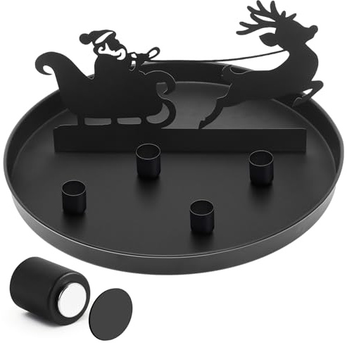 Magnet Kerzentablett für Advent Ø 30 cm mit 4 magnetischen Metall Kerzenständer Weihnachten Stabkerzenhalter Adventskranz Deko Tablett Festtags Kerzen Ständer, Schwarz- Santa Claus
