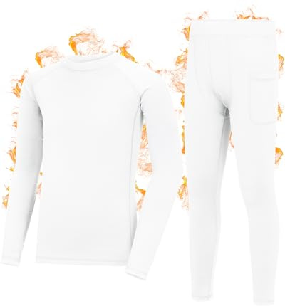 Roadbox Boys Thermal Underwear Set - Kids Fleece Lined Tops & Bottom Compression Soft Long Johns Base Layer for Skiing White
