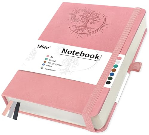 Mlife Notizbuch A4 Dotted mit Lebensbaum-Design,360 Seiten,100gsm Liniert Papier,PU-Cover Notizbuch,Elastisches Band,Stifthalter,3 Lesezeichen-für Frauen Männer,21.3 * 28.1cm（Rosa）