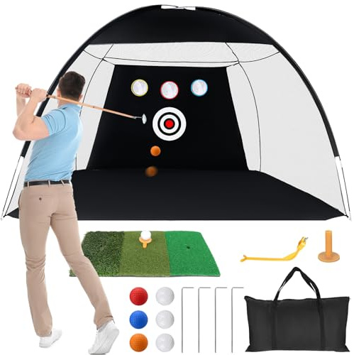 Faazy Golf Practice Net for Garden with 6 Balls Swing Correction Trainer Carry Bag Chipping Turf Mat for Backyard Driving Indoor Outdoor Use, 10x7ft