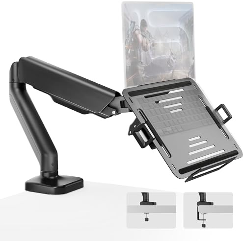 monTEK Soporte de brazo para computadora portátil, soporte 2 en 1 para monitor y portátil con bandeja ajustable para laptop, se adapta a portátiles de 18 pulgadas y pantalla de 32 pulgadas, brazo de