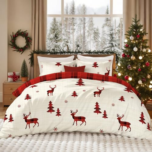 Nyescasa Bettwäsche Weihnachten 135x200 Rot Rentier Weihnachtsbaum Kariert Muster Wendebettwäsche Weihnachten Kinder Weich Microfaser Winter Bettbezug mit Reißverschluss und Kissenbezug 80x80cm