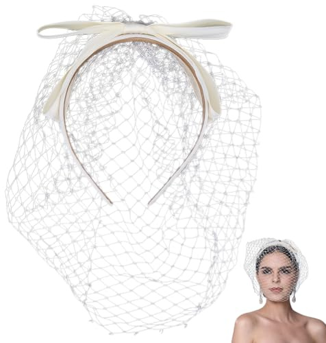 CABODYALS Vitt nät slöja pannband med hårklämma vintage gasväv tyg elegant rosett 1920-tals klaff fascinator huvudtillbehör tyll pannband för kvinnor brud bröllop cosplay halloween te party
