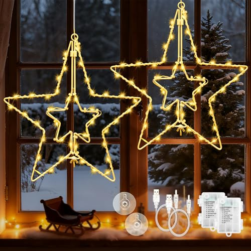 Isisyu LED Sterne Weihnachtsdeko Fenster, 2 Stück 40 LED Warmweiß Weihnachtsdeko Innen Batterie + USB mit Timer, Weihnachtsbeleuchtung Sterne für Fensterdeko Weihnachten Deko Balkon Party Hochzeit