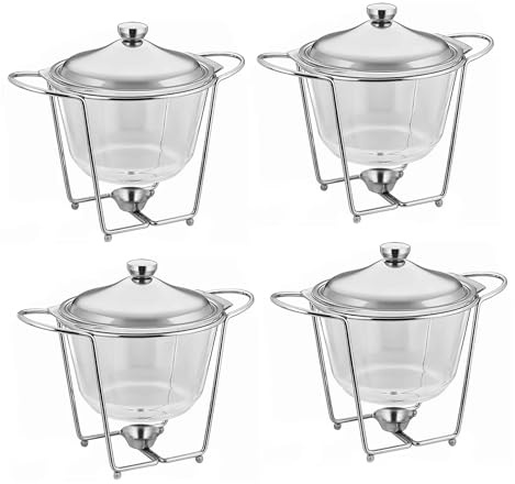 Set mit 4 Chafing Dishes Glas-Backform mit Edelstahldeckel, Buffet, Speisenwärmer für Auflaufform, Lasagne, Party, Hochzeit, Silber