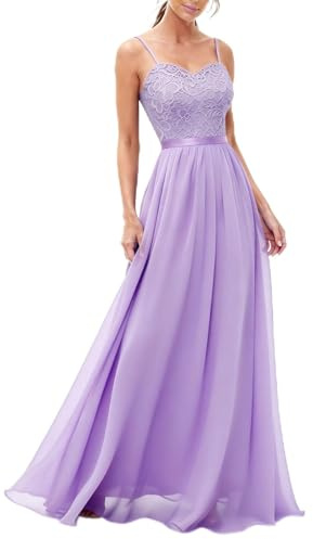 DRESSTELLS Spaghetti Strap Wedding Guest Dresses for Women UK, Maxi Lace Chiffon Elegant Formal Bridesmaid Evening Prom Cocktail Party Ladies Dress Lavender L