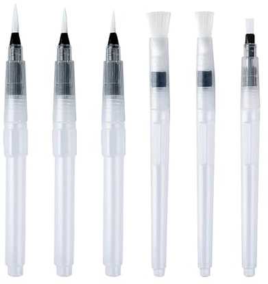 6 Pcs Watercolour Brush Pens Set, Portable 150mm Water Brush Pen Set with Refillable Reservoir, Professional Pointed &Flat Watercolour Paint Brushes for Watercolour Oil Acrylic Painting