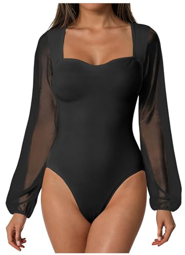 Generisch Body Damen Langarm Glitzer Bodys Sexy Netz Bodysuits Durchsichtige Langarmbody Figurenformend Oberteile Elegant Thong Bodysuit Herzförmiger Ausschnitt Tops Eng Sparkle Blusenbody für Club