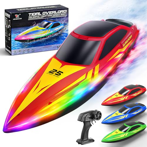 Barca Telecomandata RC 15 km/h con 7 Modalità LED Multicolore, 2.4GHz con Auto-Flip, Avviso Batteria e Fuori Portata, 2 Batterie Ricaricabili, per Piscina e Lago, Regalo per Ragazzi e Ragazze.—rosso