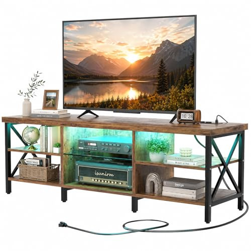 iSunirm TV-Schrank 160 cm mit LED-Beleuchtung & Ladestation | Lowboard Fernsehschrank für Fernseher bis 75 Zoll | TV Lowboard Industrial Design mit Glasablage für Wohnzimmer & Schlafzimmer