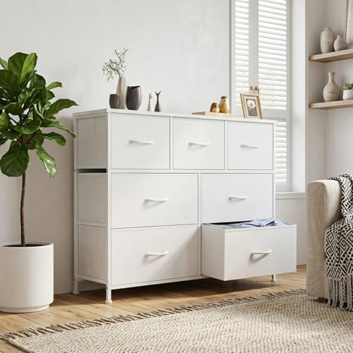 DUMOS Kommode für Schlafzimmer mit 7 Stoffschubladen, hohe Kommode Organizer für Kleidung, Schrank Kinderzimmer, Aufbewahrungsturm mit Schrank, Metallrahmen, Holzplatte, leichte Kinderzimmermöbel