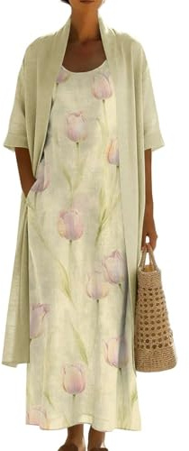 Generico Completo Donna Elegante - Taglie Forti Set Vestito e Cardigan Coordinato Abito Estivo Spolverino Boho Vintage Cotone e Lino Leggero Fresco Cerimonia Matrimonio Vacanza Abiti Lunghi