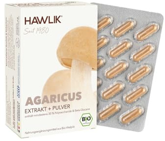 HAWLIK Vitalpilze Bio Agaricus Extrakt + Pulver Kapseln - 60 Kapseln im Bilster - Mit Vitamin C - Extrakt & Pulver - Natürlicher Anbau - Vegan