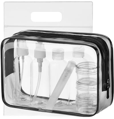 Reiseset 10-teiliges mit Reiseflaschen 100ml, Transparenter Kulturbeutel | Flüssigkeiten Set für Flugreise & Handgepäck mit Sprayflasche, Pumpflasche, Quetschflaschen, Cremetiegel & 20x20cm Beutel