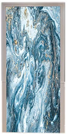 A.Monamour Türtapeten Selbstklebend 3D Luxus-Weiß Und Blau Gemischt Acrylfarben Golden Pulver Effekt Abstrakte Marmor Textur Hintergrund Türtapete Türposter Tapete 77x200cm
