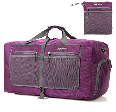 Bekahizar Leichte Faltbare Reisetasche 60L Große Travel Duffle Bag Übernachtung Taschen Verpackbar Reisegepäck Gym Sporttasche Mit Schuhfach für Herren Damen Flugzeug Camping Reisen Urlaub (lila)