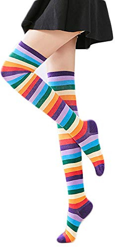 SUNTRADE Extra lange gestreifte Damen-Socken über dem Knie, hohe Strümpfe, blickdicht, niedlich, bunt, Regenbogen-Socken, Cosplay, Party, (B), B