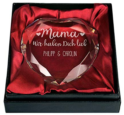 Kristall in Herzform mit Gravur, Motiv Mama, wir haben Dich lieb, Personalisiert mit Namen, Deko, Briefbeschwerer aus Glas