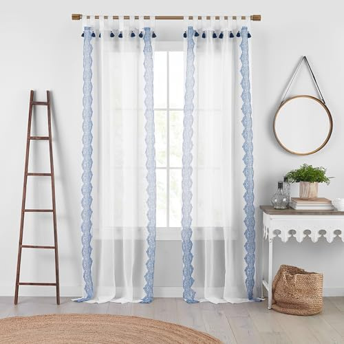 Elrene Home Fashions Shilo Sheer Boho Tab-Top Window Curtain Panel with Tassels, Indigo, (52 X 95)