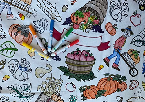 Rechteckige Tischdecke mit Thanksgiving- und Herbst-Motiv, Größe XL, 152,4 x 250,9 cm, interaktive Maltischdecke für Kinder, Polyester-Baumwollgewebe, waschbar und wiederverwendbar, DIY-Aktivität für